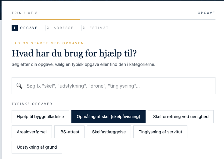 Prisberegneren trin 1 af 3: vælg opgave, fx opmåling af skel, skelforretning eller udstykning af grund