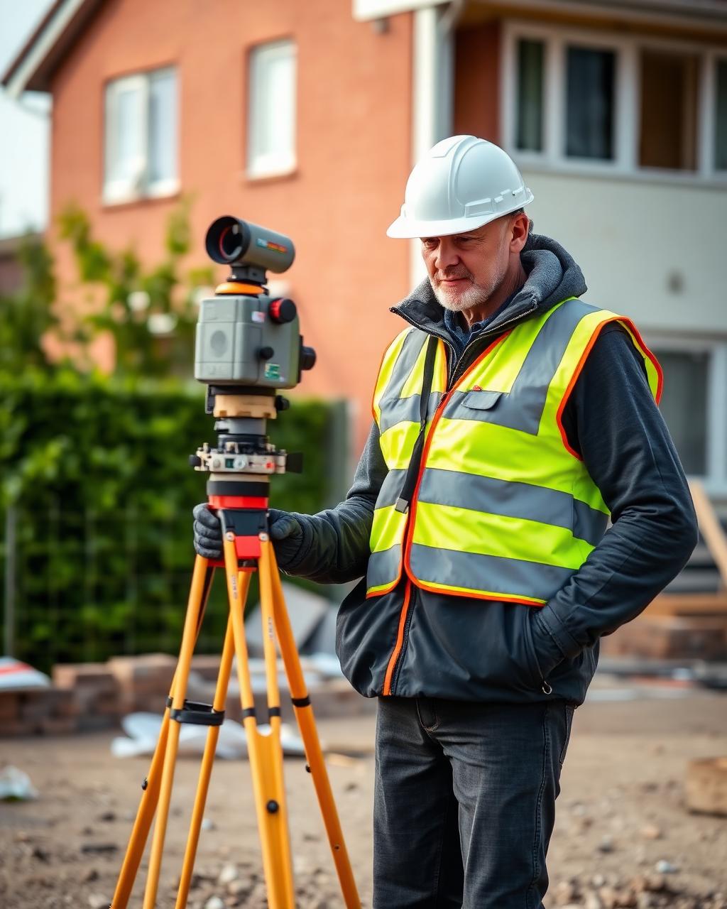 Totalstation opstillet på stativ under teknisk opmåling af en grund